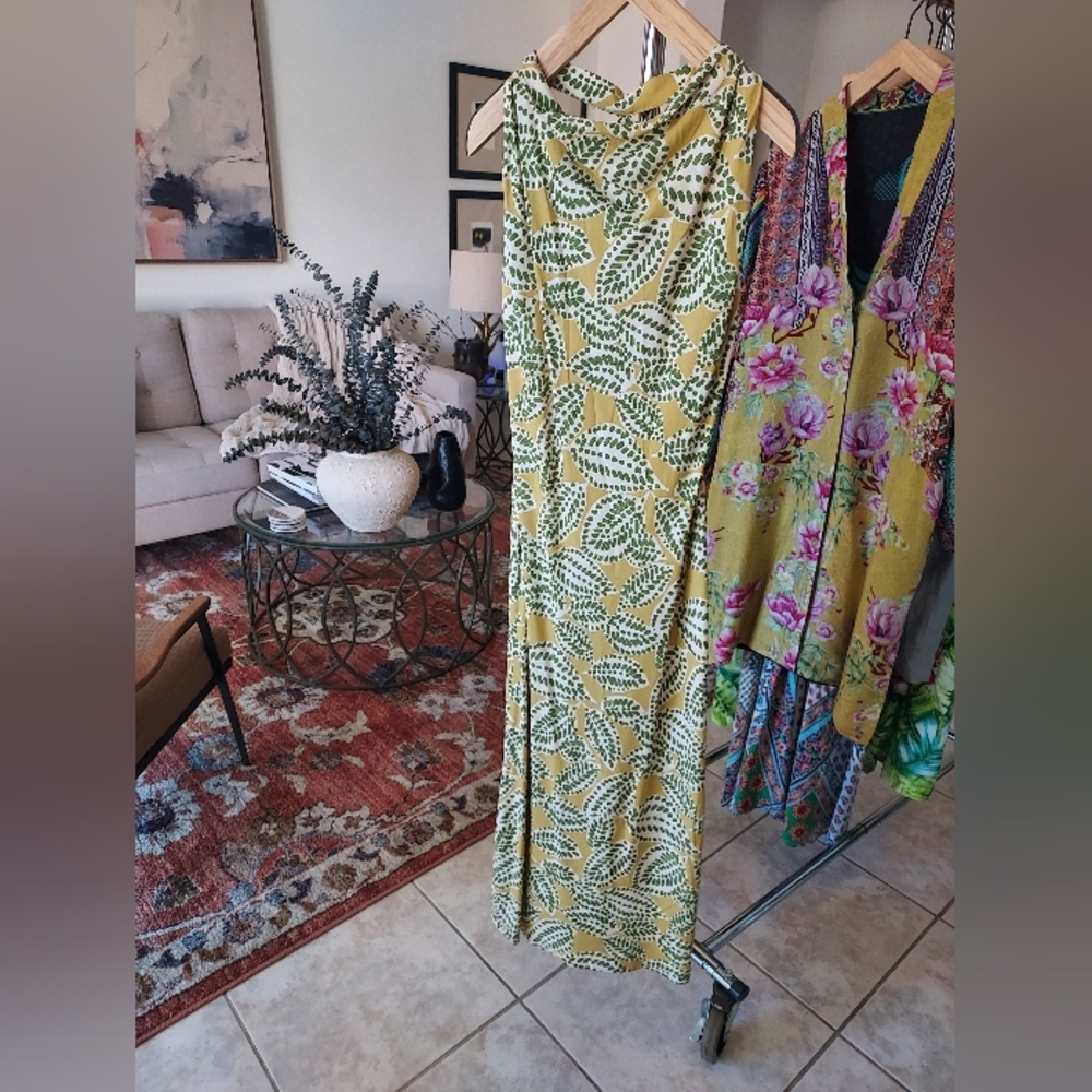 Zara Yellow and Green Leaf Print Midi Dress With Open Back Twist Accent